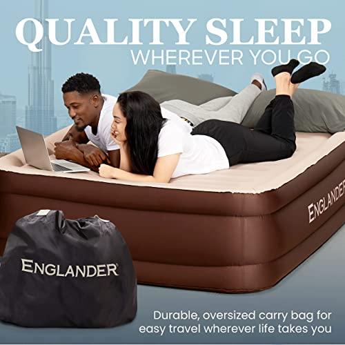 Englander Englander Queen Air Mattress with Built in Pump Raised - Double High, 600 LB Weight Capacity - Luxury Size Camping Mattress - Blow Up Floor Bed for Home - Microfiber, Waterproof Airbed with Patch Kit