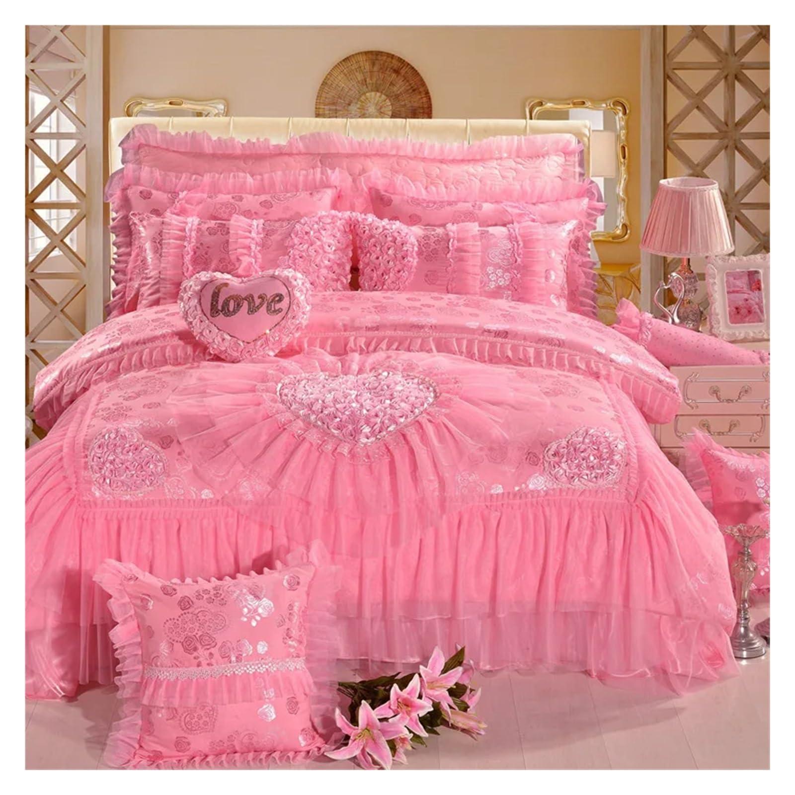 ADovz ADovz Red Pink Lace Princess Bedding Set 4/6/8pcs Luxury Girls Wedding Bed Set Quilt Cover Bed Sheets Queen King Size,Bed Sheets
