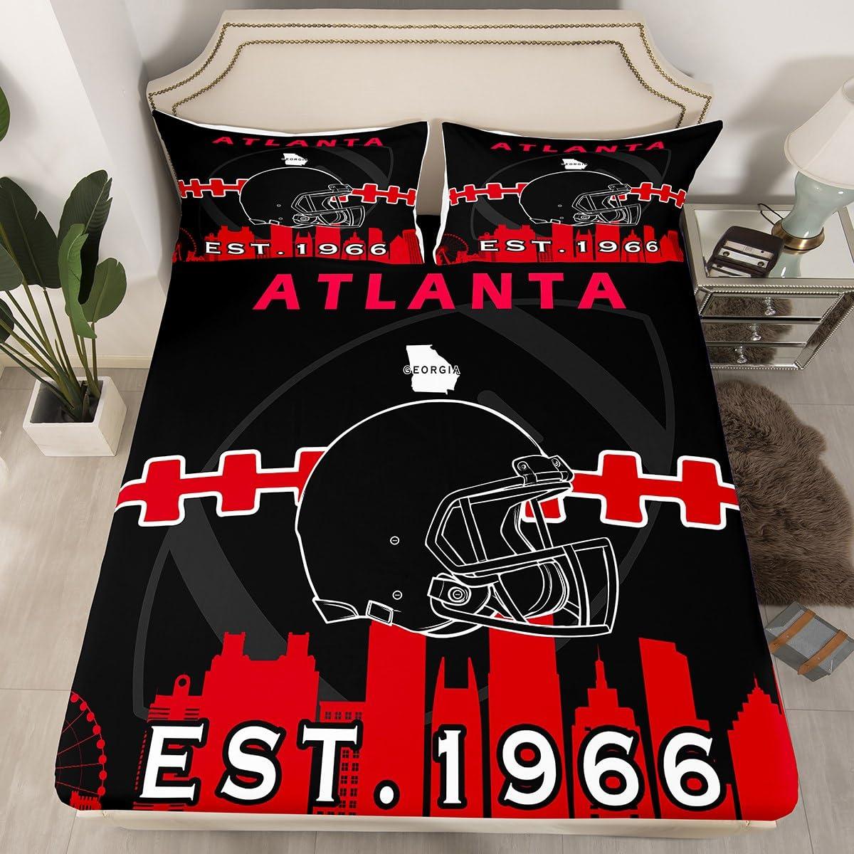 Erosebridal Erosebridal Football Fitted Sheet Twin Size for Football Fan,American Football Bed Sheets for Kids Boys Girls,Football Players Bed Set,Rugby Bedding Set with 1 Pillowcase(Atlanta),Black Red