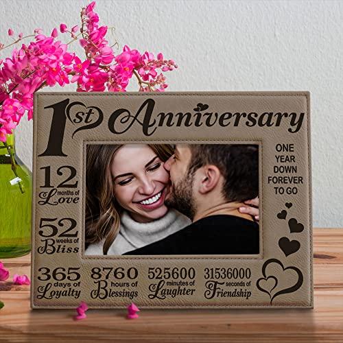 KATE POSH KATE POSH Our First (1st) Anniversary Engraved Leather Picture Frame - Gifts for Couple, Gifts for Him, Gift for Her, Paper Anniversary, Photo Frame, First Wedding Anniversary (4x6-Horizontal)