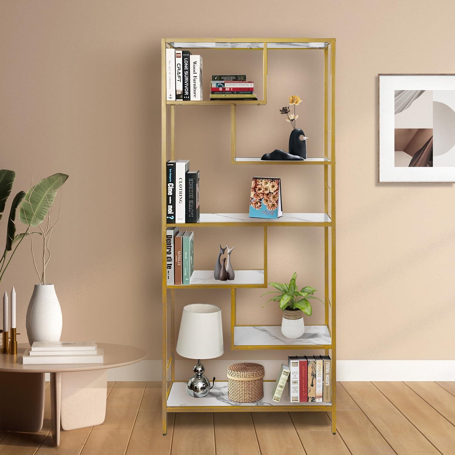 AT-VALY AT-VALY 6 Tier Bookcase Bookshelf, 72.4Tall Modern Freestanding Bookshelf with 6 Shelves, Faux Marble Open Display Storage Book Shelves for Living Room Bedroom Home Office (Gold)