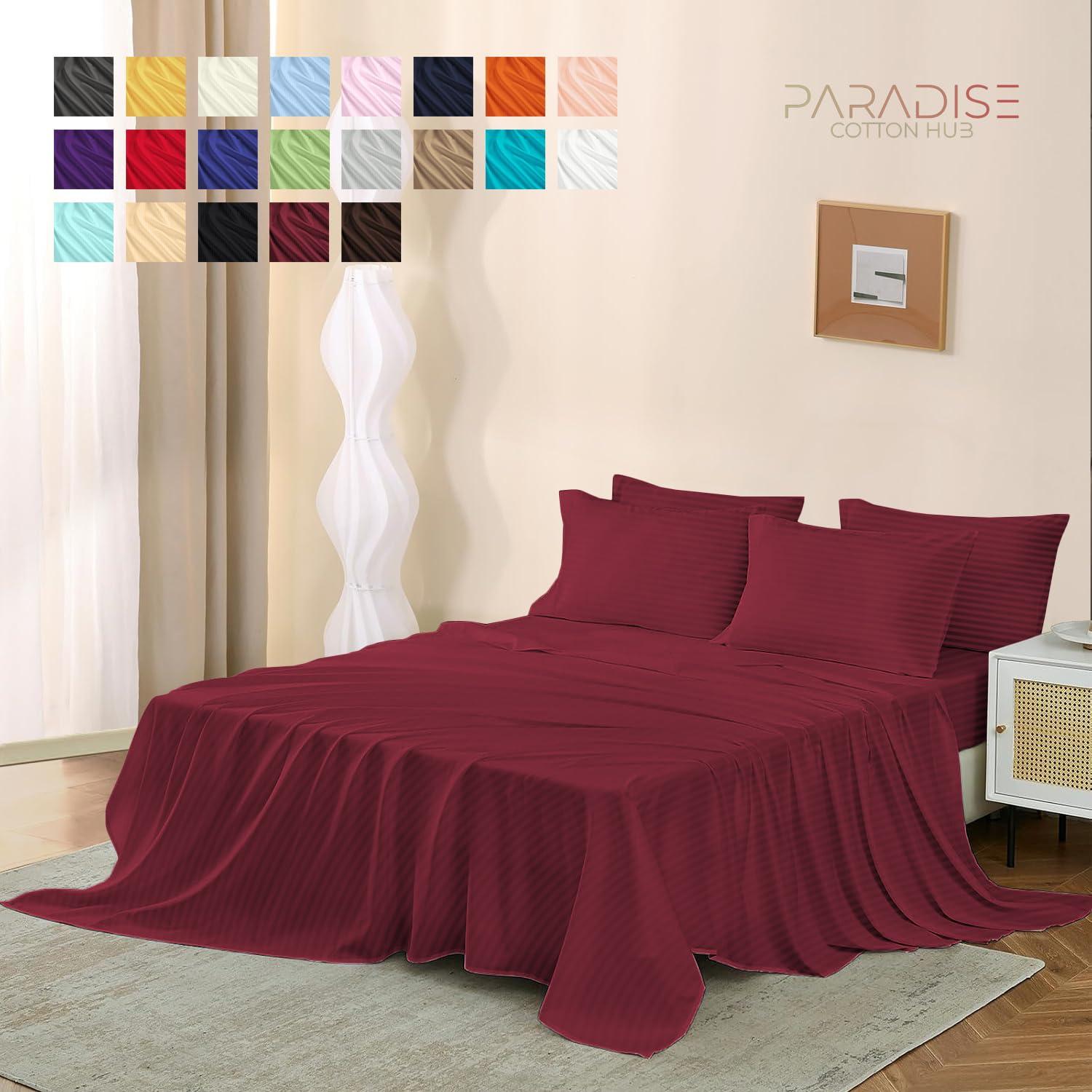 Paradise Cotton Hub Paradise Cotton Hub Hotel Luxury Easy Care King Size 4-Piece Sheet Set 400-TC Egyptian Cotton Perfectly fits mattresses 18-21\" Deep Pocket (Stripe, Burgundy)