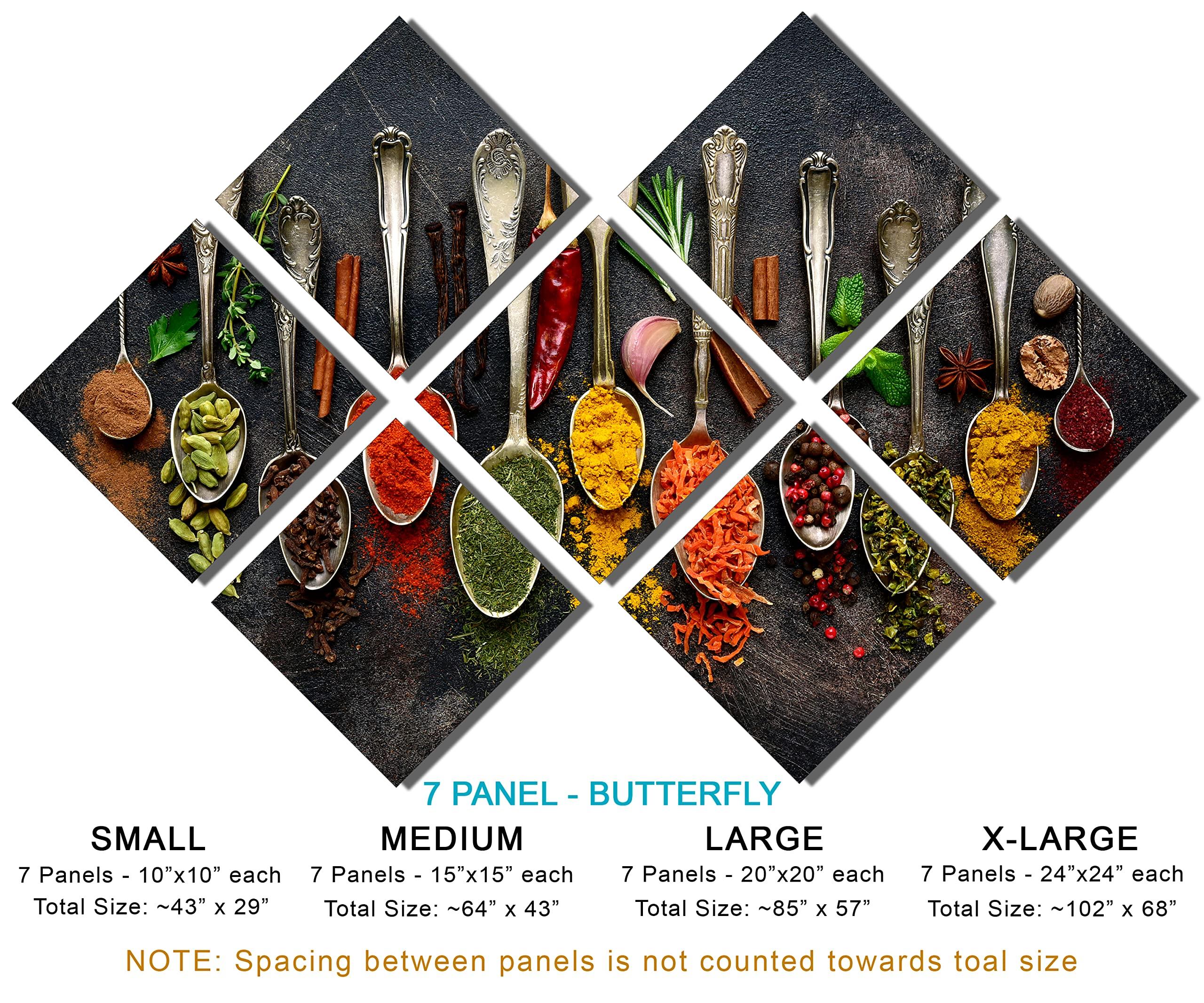 Canvas Quest Canvas Quest 43 x 29 TOTAL - Herbs & Spice Wall Art Metal Print on black 7 Panel Butterfly Split Spoons, Herbs and spices art