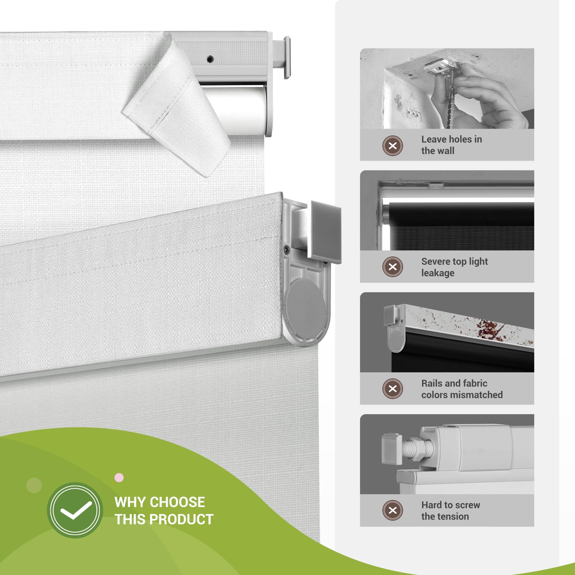 MoDanCeQ MoDanCeQ No Drill No Tools Blackout Roller Shades for Windows, Cordless Blinds with Linen Fabric-Matched, Custom Roller Blinds for Home Office Door, White, 53" W x 64" H