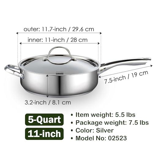 Cooks Standard Cooks Standard Classic Stainless Steel Saute Pan 11-inch, 5 Quart Induction Cookware Deep Frying Pan Cooking Skillet with Lid, Stay-Cool Handle