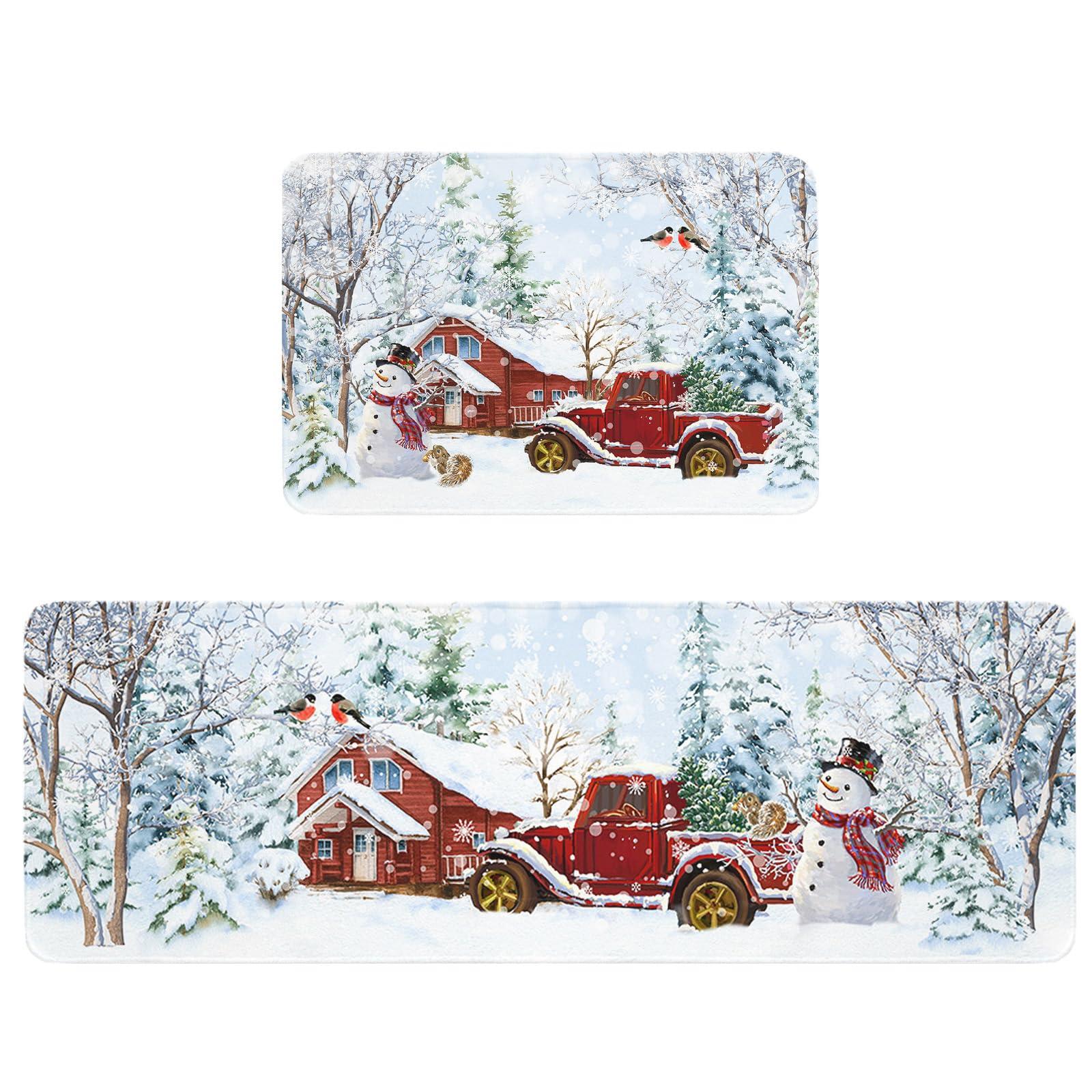 Chucoco Farm Christmas Kitchen Floor Mats, Red Barn House Truck with Snowman 2 PCS Anti Fatigue Area Runner Rugs Set Winter Forest Non-Slip Bathroom Comfort Standing Mat Home Decor