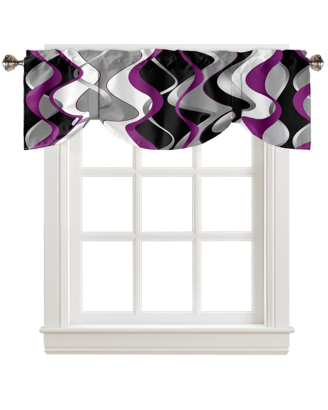 Litter Star Litter Star Purple Abstract Wave Tie Up Valance for Kitchen Windows, Abstract Stripe Art Adjustable Valances Rod Pocket Short Curtain,Tie Up Curtains Valance for Bedroom Living Room Bathroom 42x18in