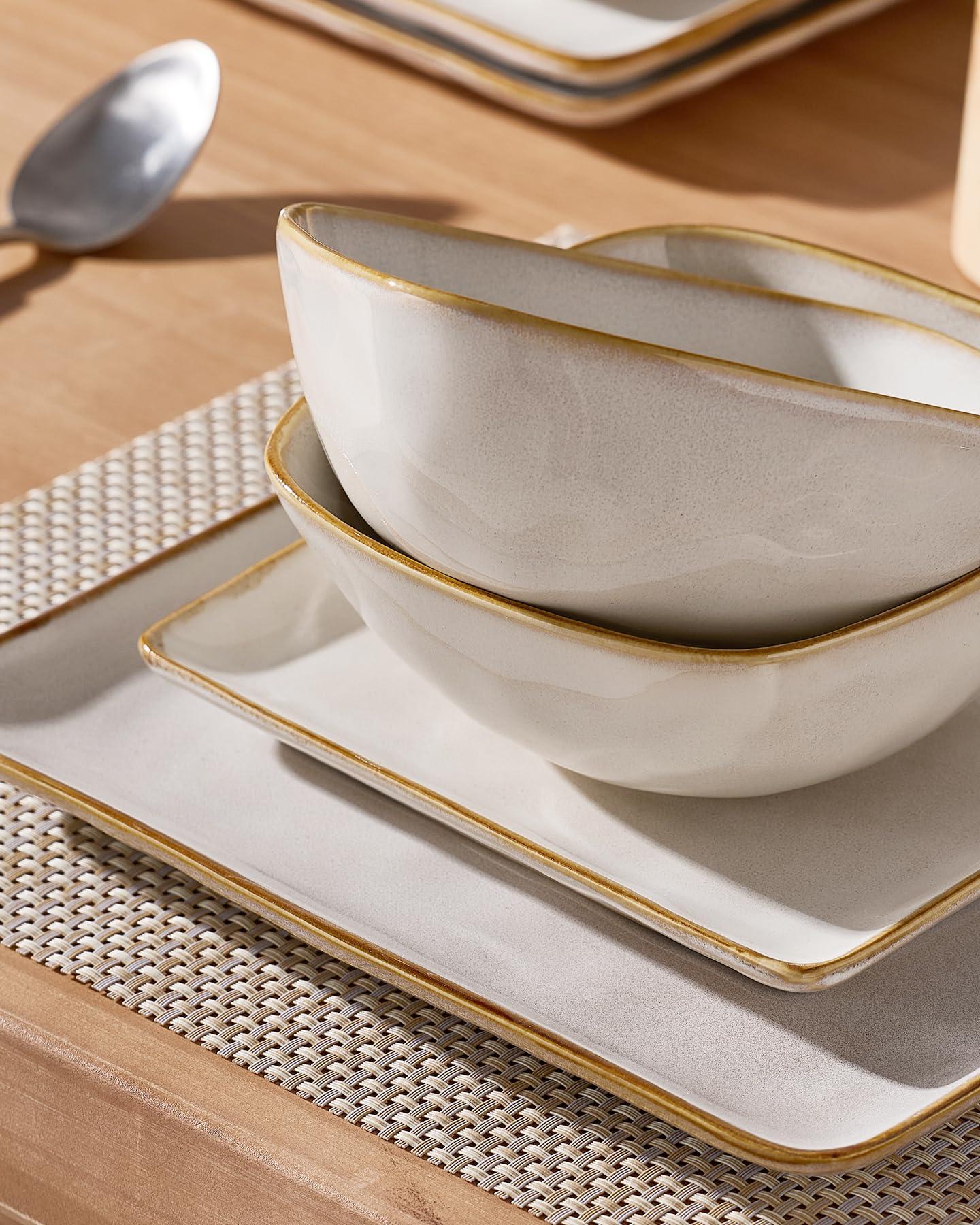 famiware Famiware Ocean Square Plates and Bowls Set, 18 Pieces Dinnerware Sets, Dishes Set for 6, Microwave and Dishwasher Safe, Scratch Resistant, Cappuccino White