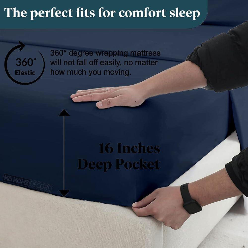 MD Home Decore Cal-King Sheet Set - 7 Piece Set - Adjustable Bed Sheets - 100% Egyptian Cotton - Extra Deep Pockets - Navy Blue Solid