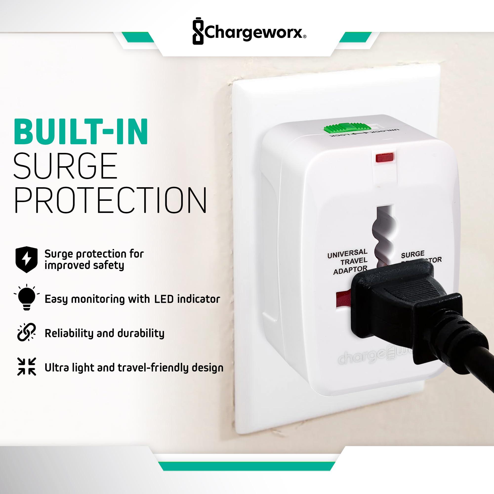CHARGEWORX ChargeWorx International Power Adapter Plug, US, EU & UK Plugs Built-in, European Travel Plug Adapter, Surge Protector, LED Power Light, Portable Universal Travel Adapter Works in Over 150 Countries