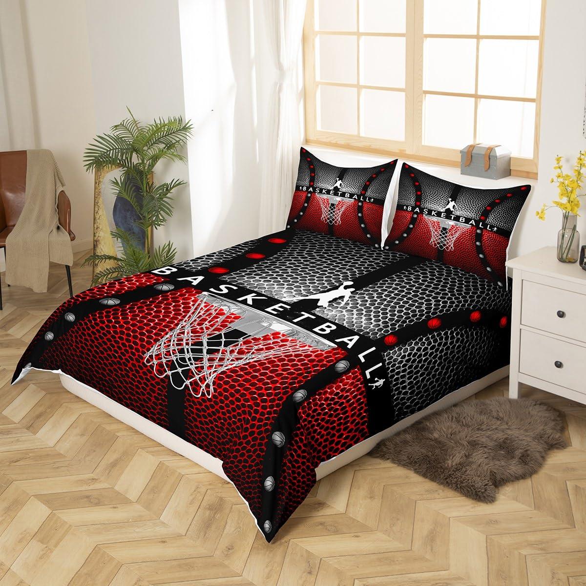 Feelyou Basketball Comforter Cover Full Size Basketball Gaming Duvet Cover Basketball Frame Black with Red Bedding Set for Kids Boys Girls Sports Game Bedspread Cover Lightweight Bedclothes (No Comforter)