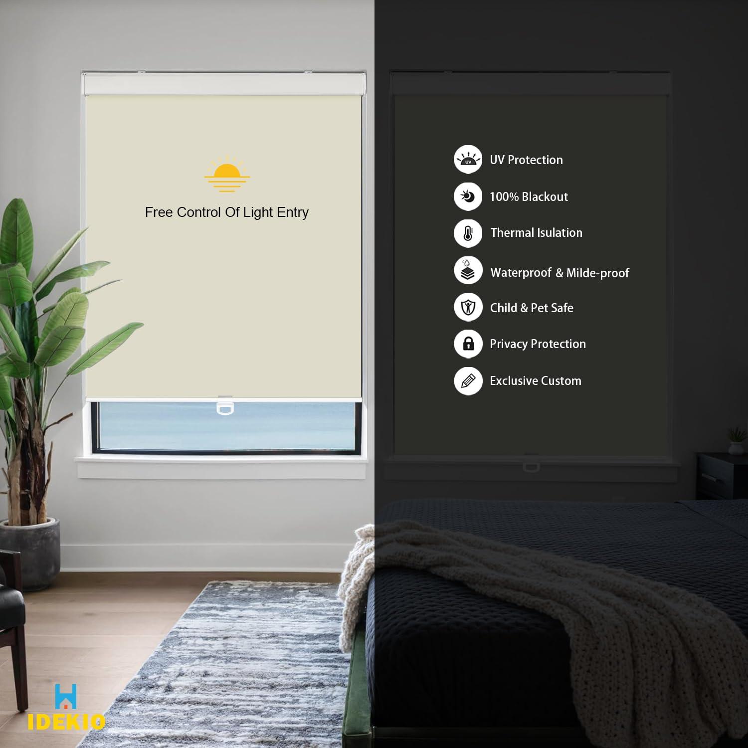 IDEKIO Blackout Roller Blinds for Windows,Custom Size Cordless Black Out Roller Shades,Thermal Insulated Privacy UV Protection Window Shades,Easy to Install,Beige,34" W x [25" H to 98" H Customize]