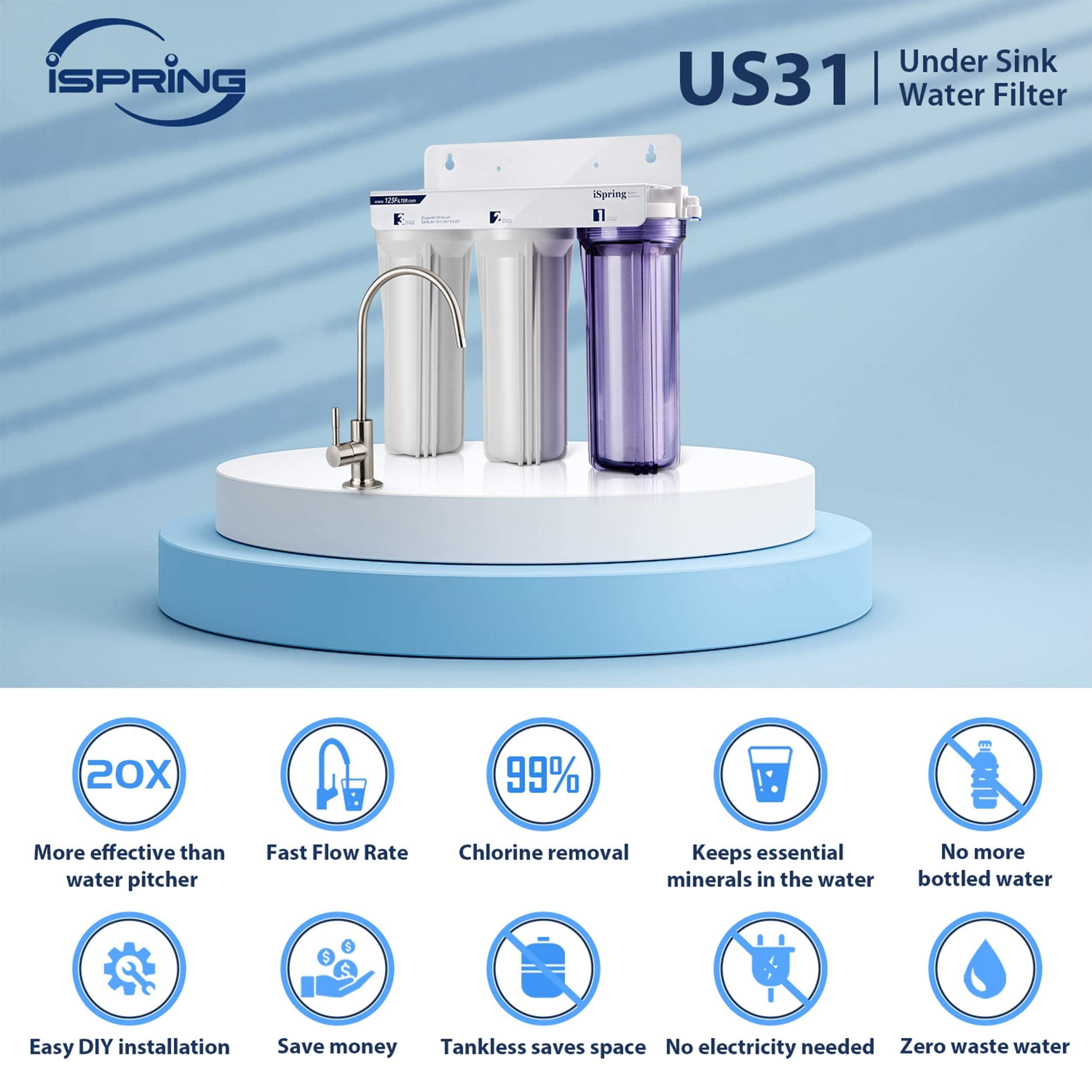 iSpring iSpring US31 Classic 3-Stage Under Sink Water Filtration System for Drinking, Tankless, High Capacity, Sediment + GAC + Carbon