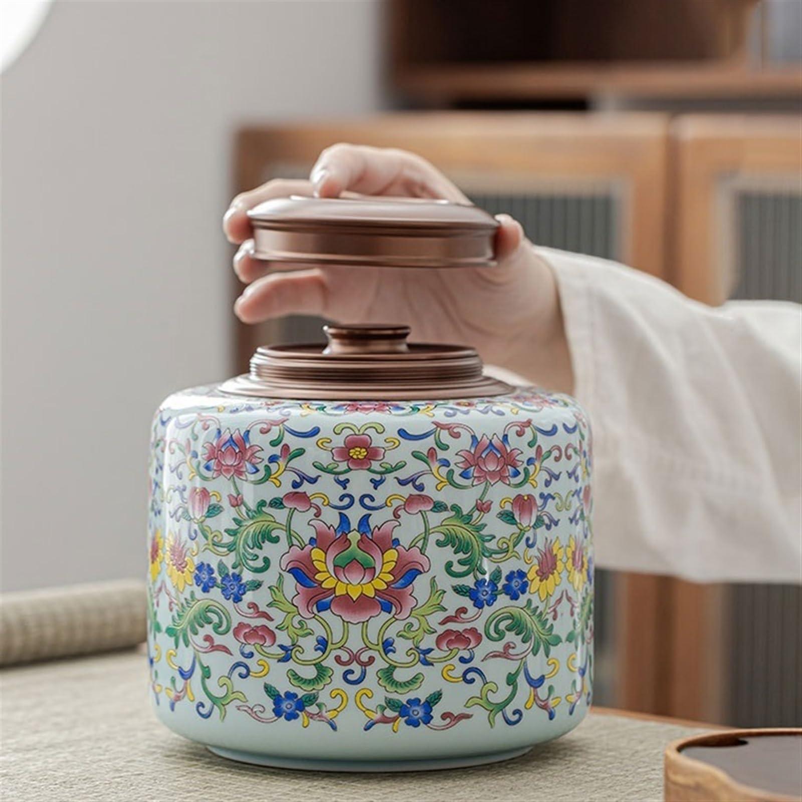 GRFIT Tea Tin Beautiful Enameled Loose Leaf Tea Canister Ceramic Double Lid Sealed Canister Large Premium Tea Warehouse Loose Tea Storage Containers