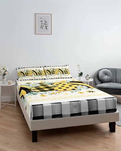 Alandar Home Cal King Fitted Bed Sheet Deep Pocket,Summer Daisy Bee Love Heart Eucalyptus Leaves Bedding Sheet Soft Brushed Microfiber Fitted Sheets,Black White Plaid Hotel Fitted Bottom Sheet with Pillowcase Set