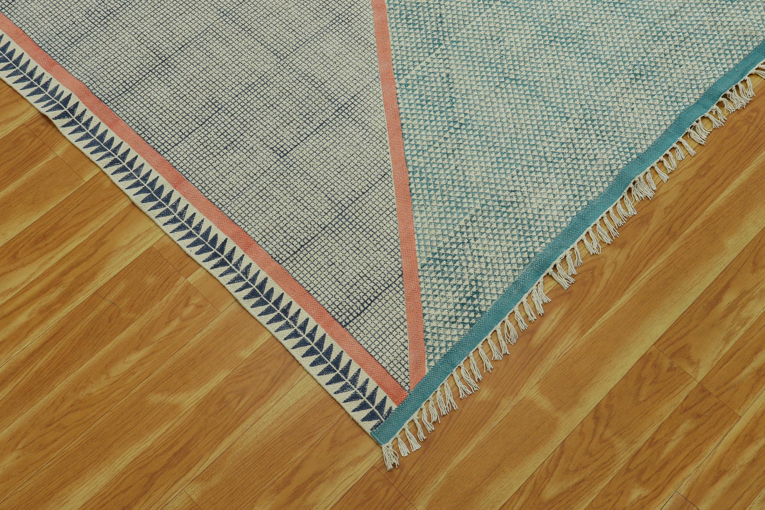 CASAVANI Area Rug 12x18 Kilim Rug Blue & Pink Cotton Dhurrie Striped Thick 0.19 inches Stone Easy Washable Rug Hand Wash Cotton Carpet Flatweave Rug Indoor Outdoor Rugs for Living Room, Bedroom