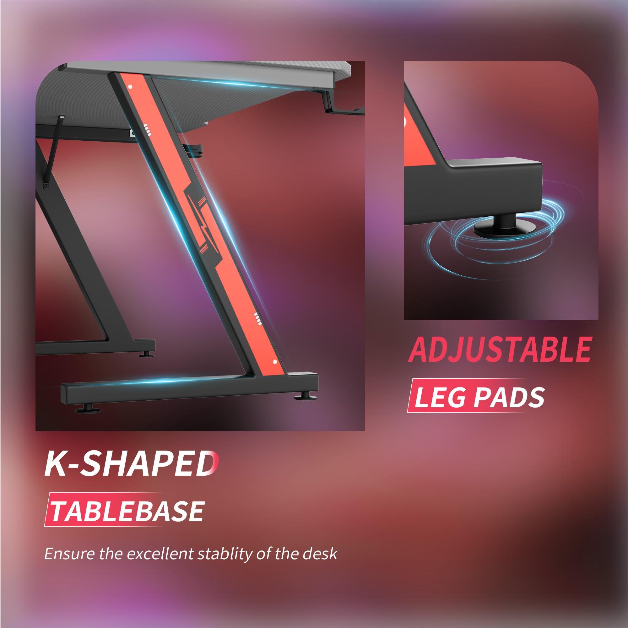 Furmax Furmax Gaming Desk Computer Desk Z-Shaped Gaming Table with Carbon Fibre Surface Home Office Desk PC Workstation Desk with Cup Holder, Headphone Hook Modern Style Desk (Gray, 44 inch)