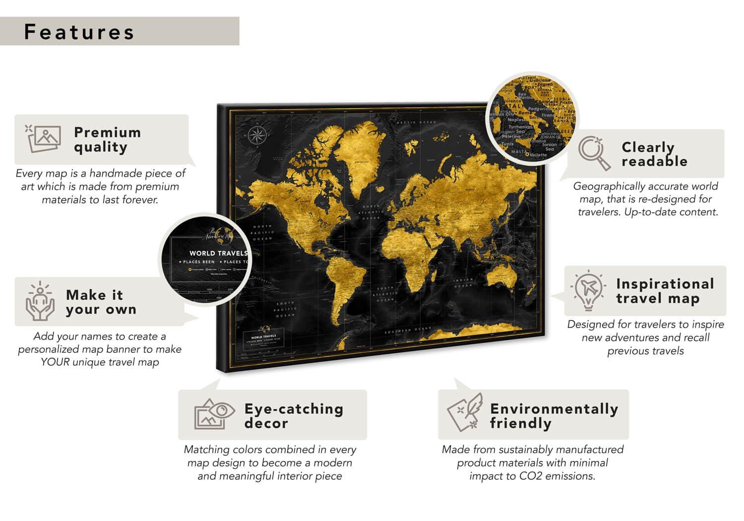 Pin Adventure map Push Pin World map with pins to mark travels - World Map pinboard - Gift for traveler & interior decor (40 x 30, Midnight Gold)