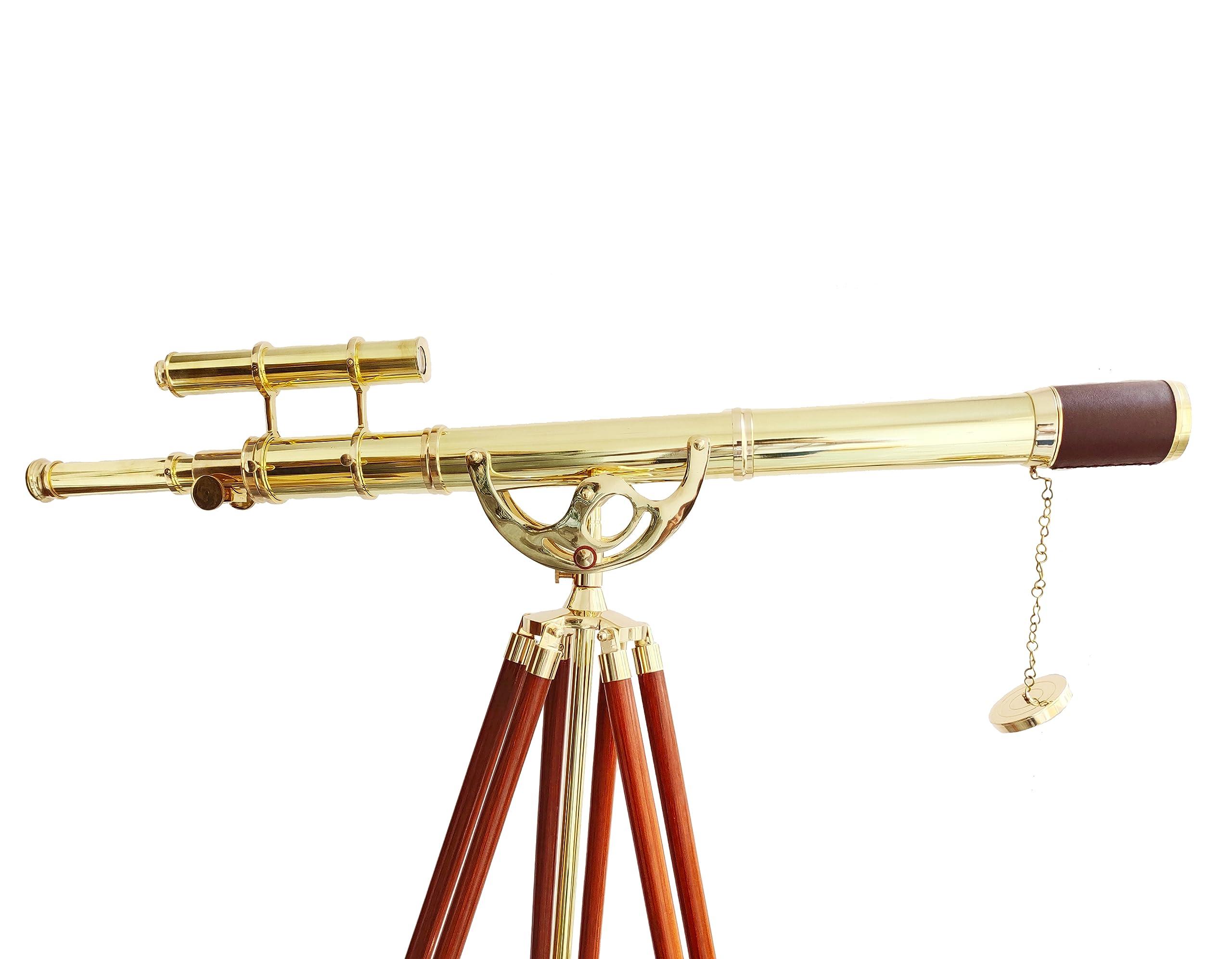 NAVIROCK Vintage Brass Telescope Nautical Shiny Brass Finish Latest Double Barrel Telescope Antique Floor Standing Adjustable Wooden Tripod Handicraft Marine Brown Leather