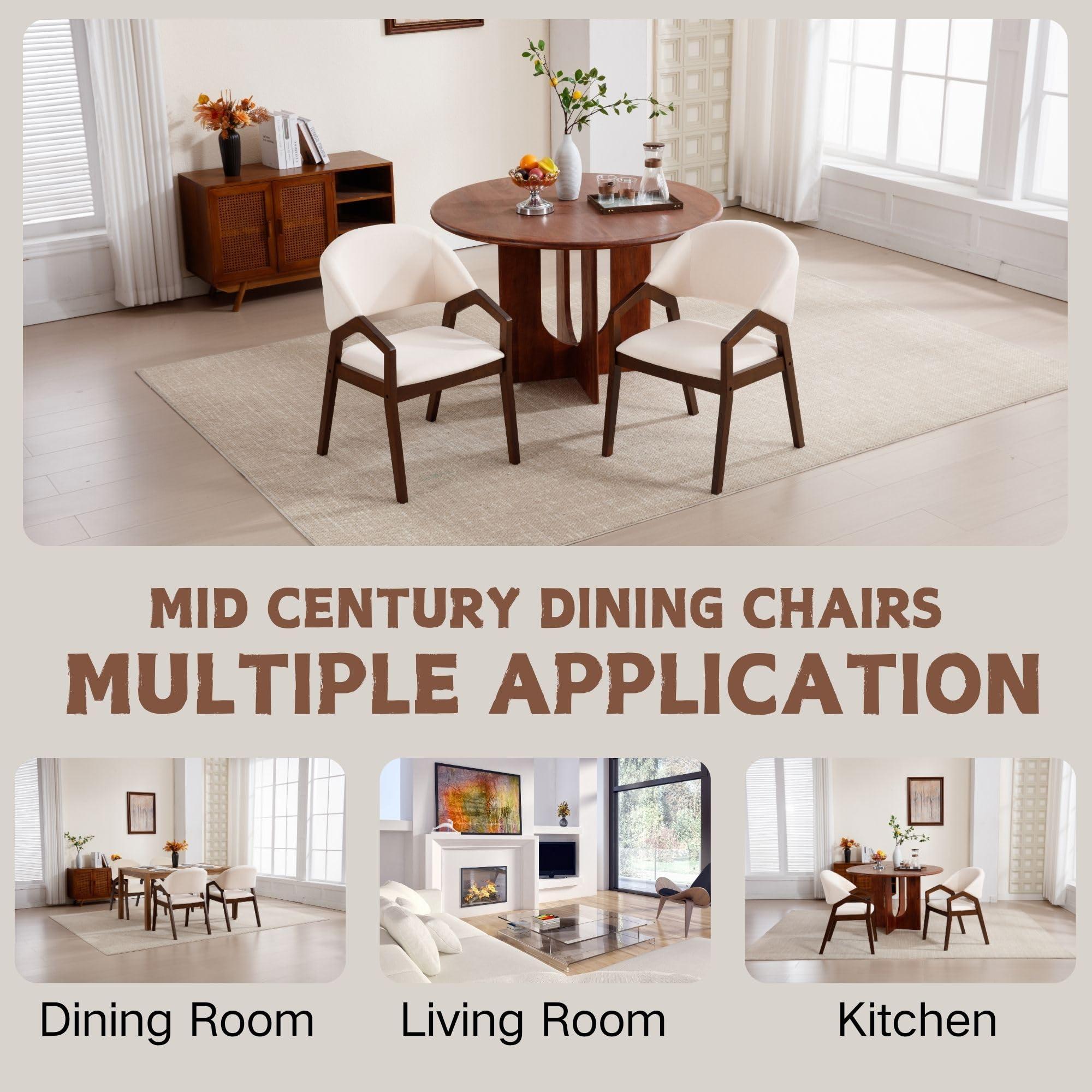 Wahson Wahson Mid Century Modern Dining Chairs Set of 4, Upholstered Fabric with Beige Chenille, Brown Solid Wood Frame