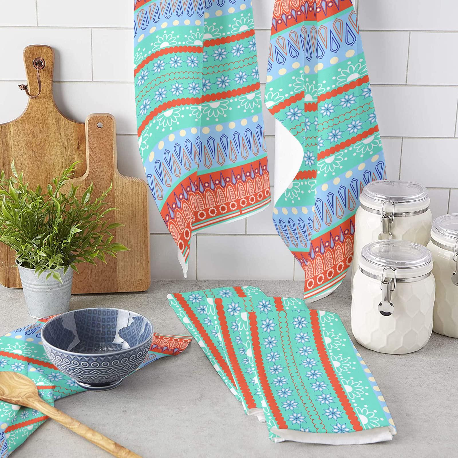 Smile Sunflower Kitchen Towels Microfiber Cleaning Cloths, Boho Flower Gemetric Teal/Turquoise Orange Stripes Soft Dish Towels for Kitchen, Pack of 4 Absorbent Hand Towels Reusable Tea Towels,Bar Towels,18x28 Inch