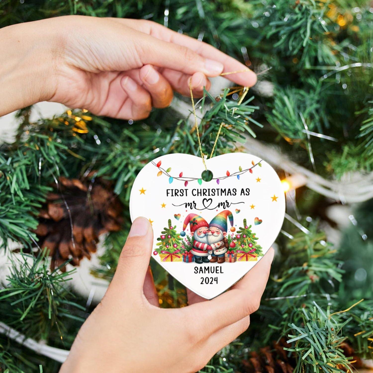 Wixxby Personalized First Christmas As Mr & Mr Ornament Keepsake, Couple Snowman Gay Pride LGBT Ornament Christmas 2024, Custom 1st Xmas As Mr & Mr Ornament Gifts for Couple Gay LGBT, Rainbow Pride Ornament