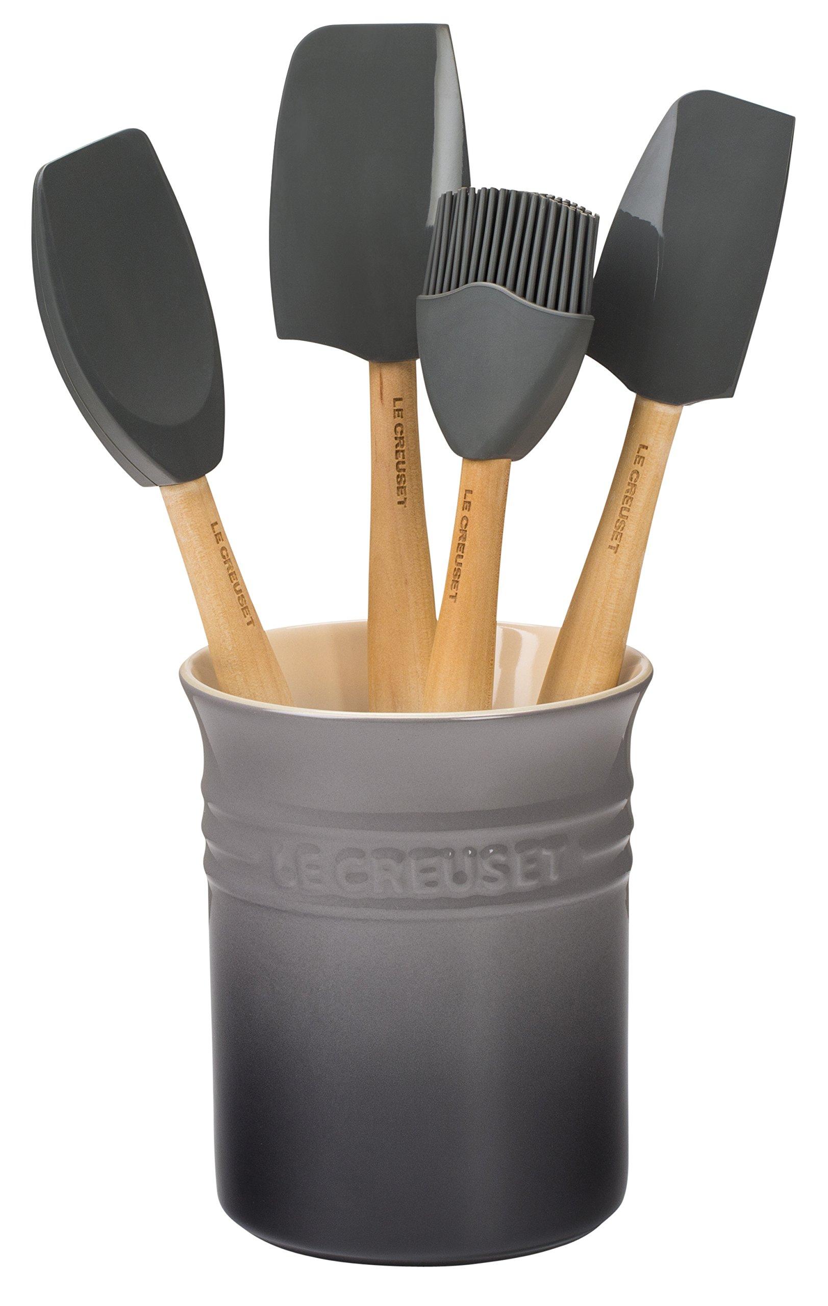 Le Creuset Le Creuset Silicone Craft Series Utensil Set with Stoneware Crock, Oyster, 5pc