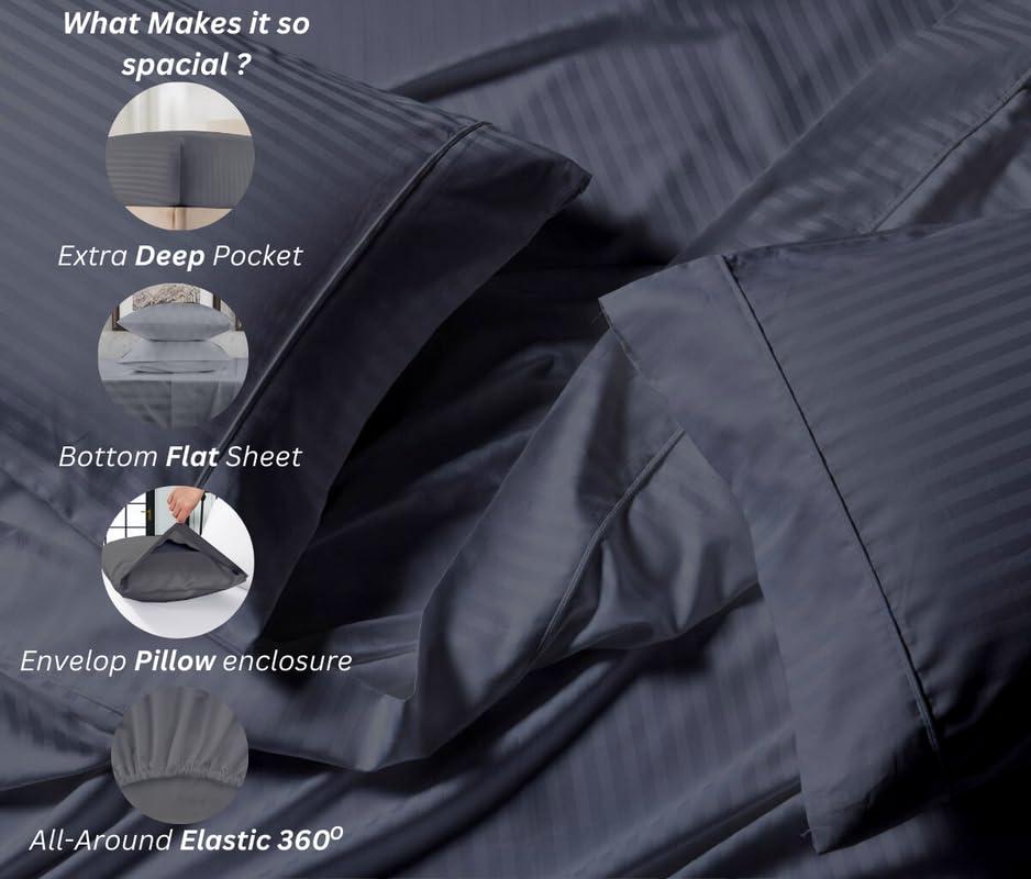 NON Sticky cotton Split King Bed Sheets 5 Pieces 400 Thread Count 100% Egyptian Cotton Sheets for Split King Adjustable Bed 18 Inch Deep Pocket Split King Sheets Sets for Adjustable Beds Dark Grey Stripe