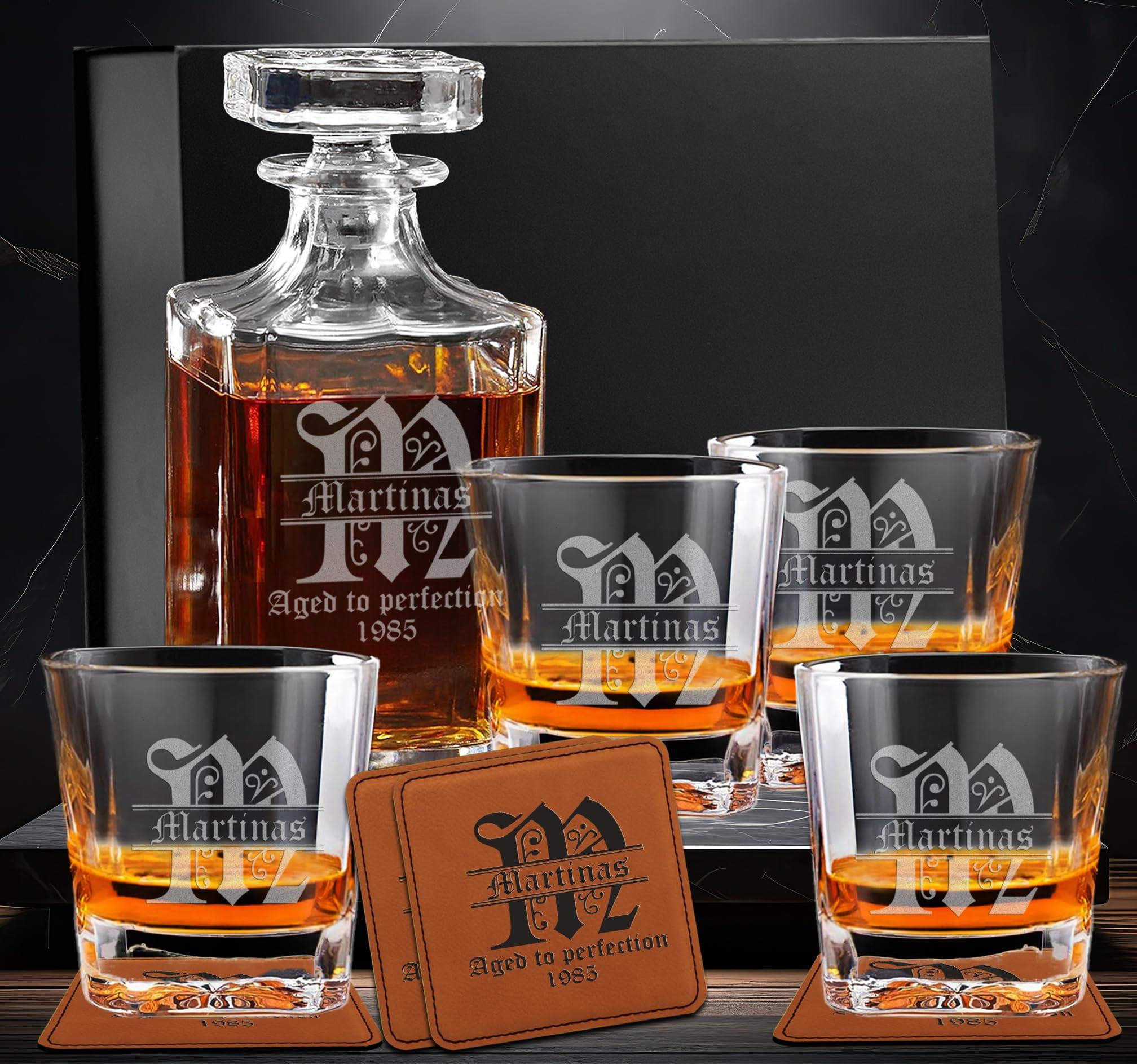 EZ CUSTOM GIFT Personalized Whiskey Decanter Set - Custom Liquor Decanter and 4 Glasses Gift Set - Engraved Whiskey Decanter Sets for Men, Anniversary Wedding Birthday Gifts for Father Husband (Design 7)