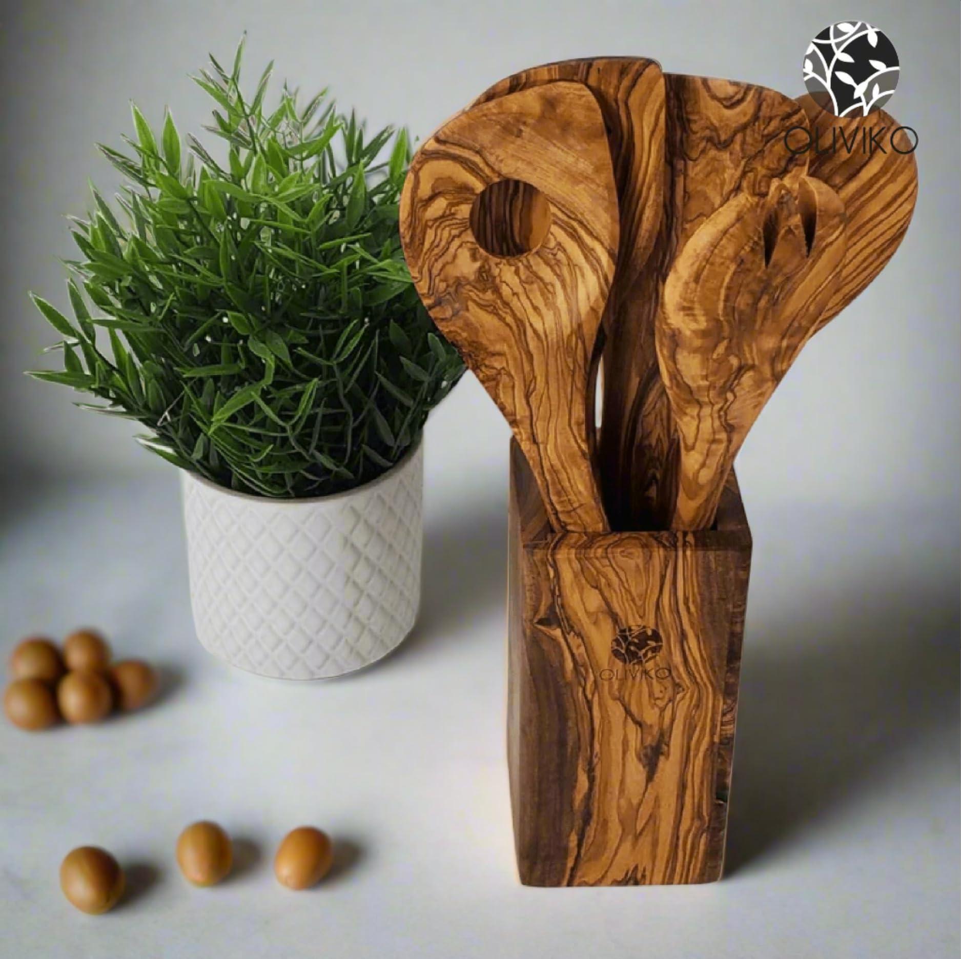 OLIVIKO OLIVIKO 100% Handmade Olive Wood Utensils Kit of 5 Utensils and Holder + Salad serving set + 1 Spatula + 2 Spoon Olive Wood