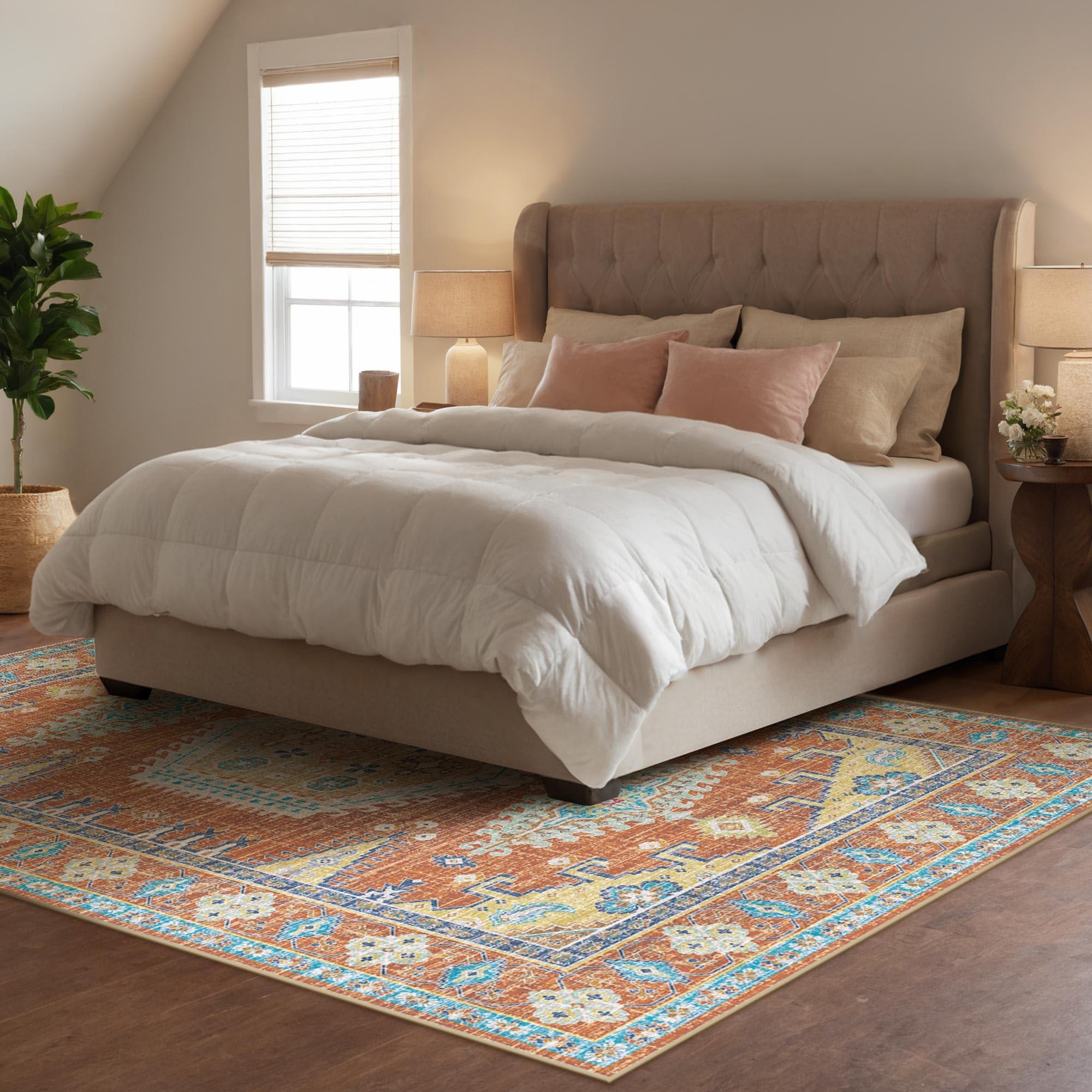 Kokia Kokia Area Rugs Living Room 9x12 Ultra-Thin No Pile Washable Maple Red Large Area Rug Bedroom Geometric Tribal Distressed Lightweight Carpet for Dining Room Home Office