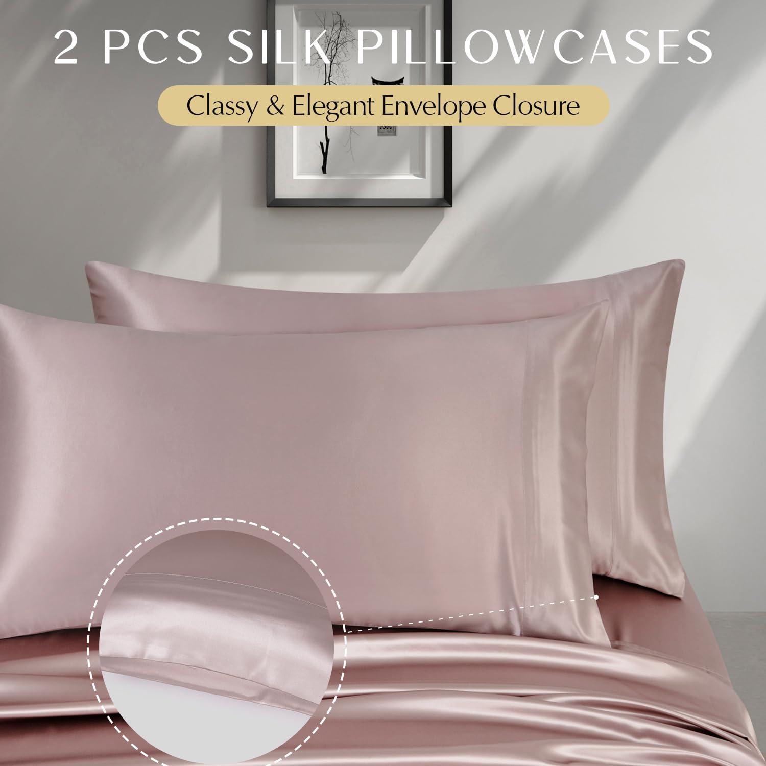 ZIMASILK ZIMASILK 4 Pcs 100% Mulberry Silk Bed Sheet Set,All Side 19 Momme Silk (King, Pink)