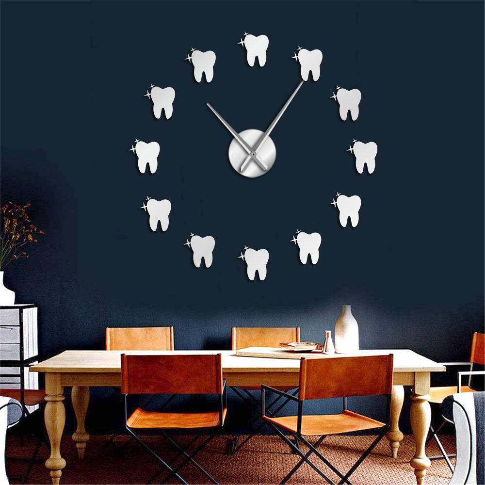 yuandd yuandd Teeth 3D Mirros Stickers Modern Design Tooth Style DIY Large Wall Clock Dental Office Wall Decor Silent Non Ticking Big Clock Silve 37 Inch(90cm), Silver