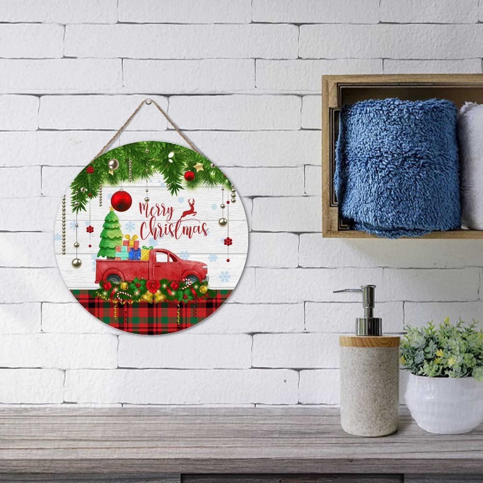 Wodevor Merry Christmas Tree Truck Wood Plaques Red Truck Christmas Tree Hanging Sign Wooden Wall Table Sign Rustic Wood Sign Personalized Wooden Signs 12x12in Round