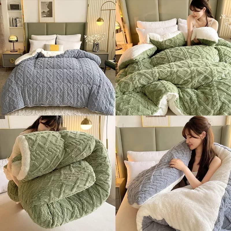 SOVILEE Thickened Super Soft Insulation Hibiscus Winter Quilt, Cashmere and Hibiscus Double Fabrics, Breathable Warmth Fluffy Plush Double Sided Velvet Blanket (Green,220 * 240cm/86.61 * 94.49in (5KG))