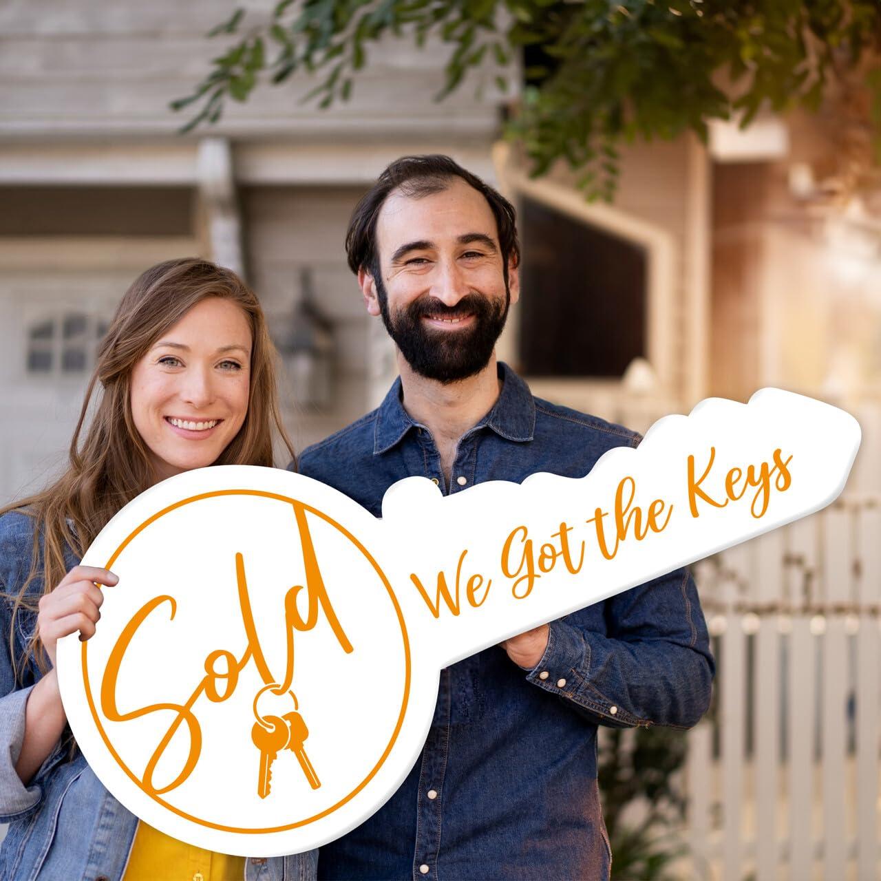 iCustomLabel Realtor Key Sign - SOLD | Real Estate Signs | Home Buyer | 36\"x 17 | Message On Sturdy Large Wooden Key Signs | Promotional Sign for Realtors | Sold - We Got the Keys - White/Orange