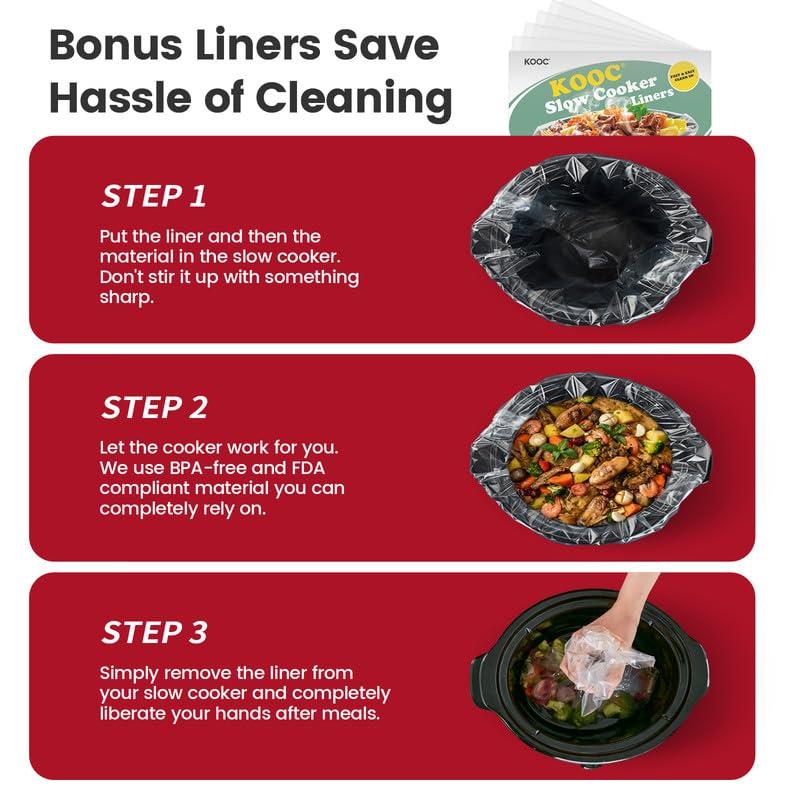 KOOC KOOC 4-Quart Slow Cooker, Free Liners Included for Easy Clean-up, 3 Temperature Settings, RED + KOOC Rubber Feet for Slow Cookers 5QT 7QT and 8.5 QT Pot Insert Accessories (8 Packs)