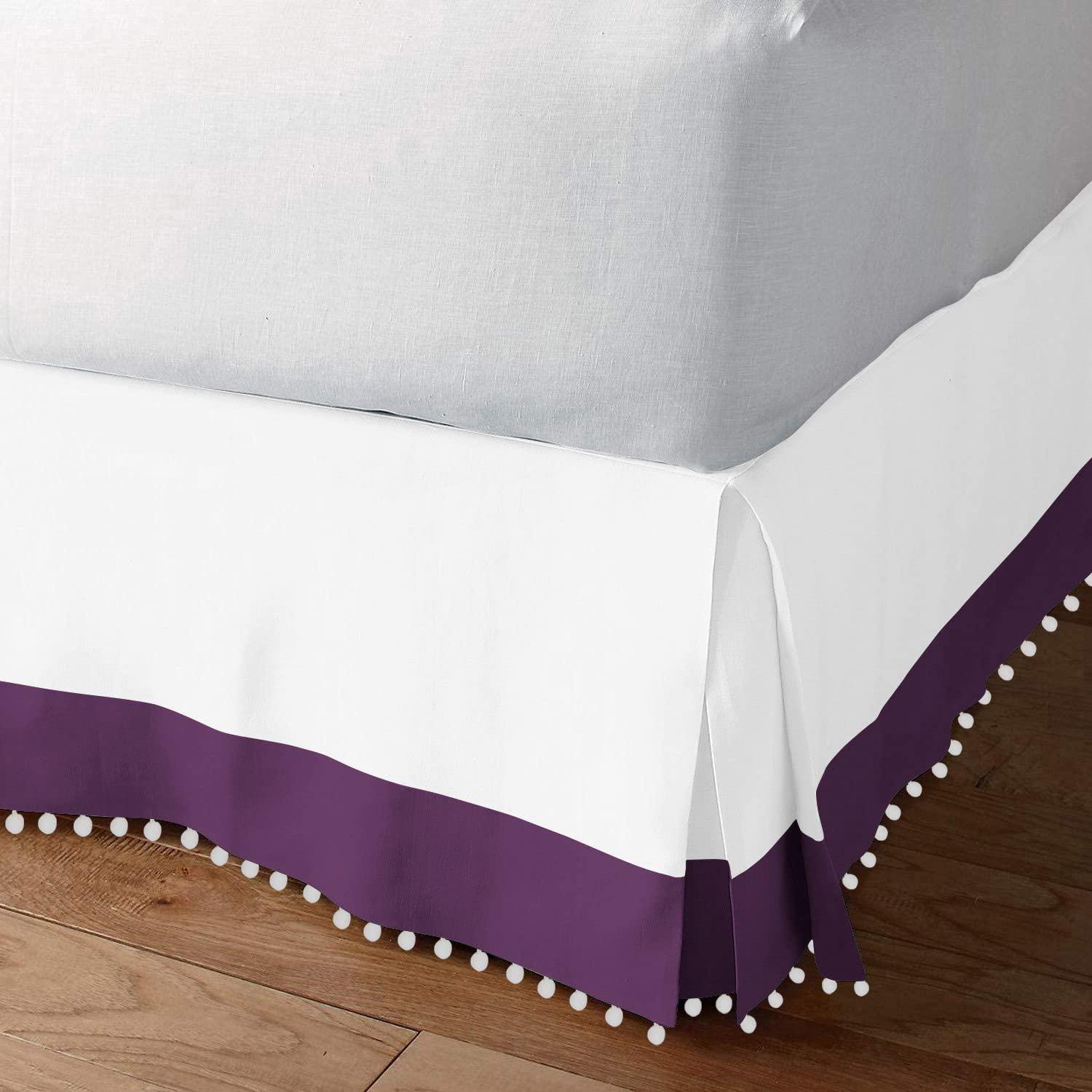 Kings Loft Kings Loft Pom Pom Two Tone BedSkirt 100% Egyptian Cotton 1000 Thread Count, Top-Knot Tassle White Pompom Fringe Solid Pattern, 10 Inch Drop Full Size, White/Plum Solid