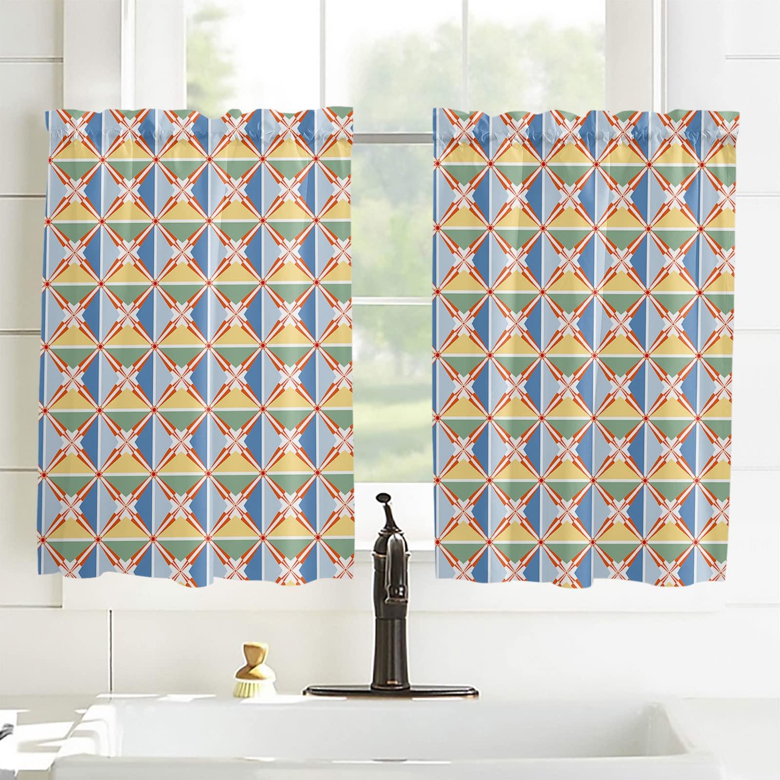 Wowouhiya Kitchen Curtains 54 Inch Length, Blue Teal Yellow Plaid Farmhouse Curtains & Drapes, Modern Red Geometric Checkered Art Rod Pocket Window Curtains for Living Room/Bedroom/Bathroom, 42" x 54", 2 Panels
