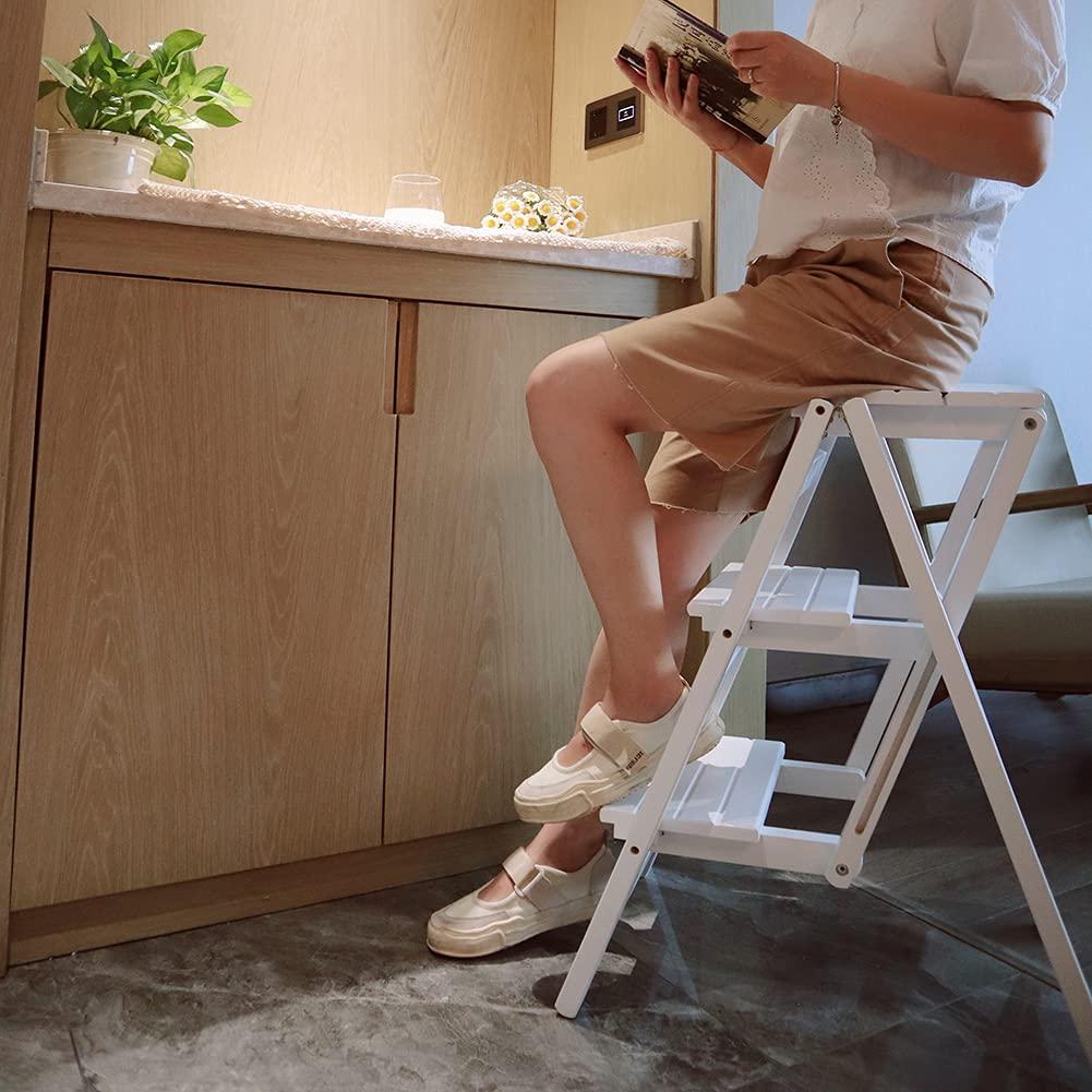 LUNEZY Wooden Folding Step Ladder Folding Step Stool for Adults & Kids Kitchen Ladders Small Foot Stools Portable Shoe Bench/Flower Rack Durable
