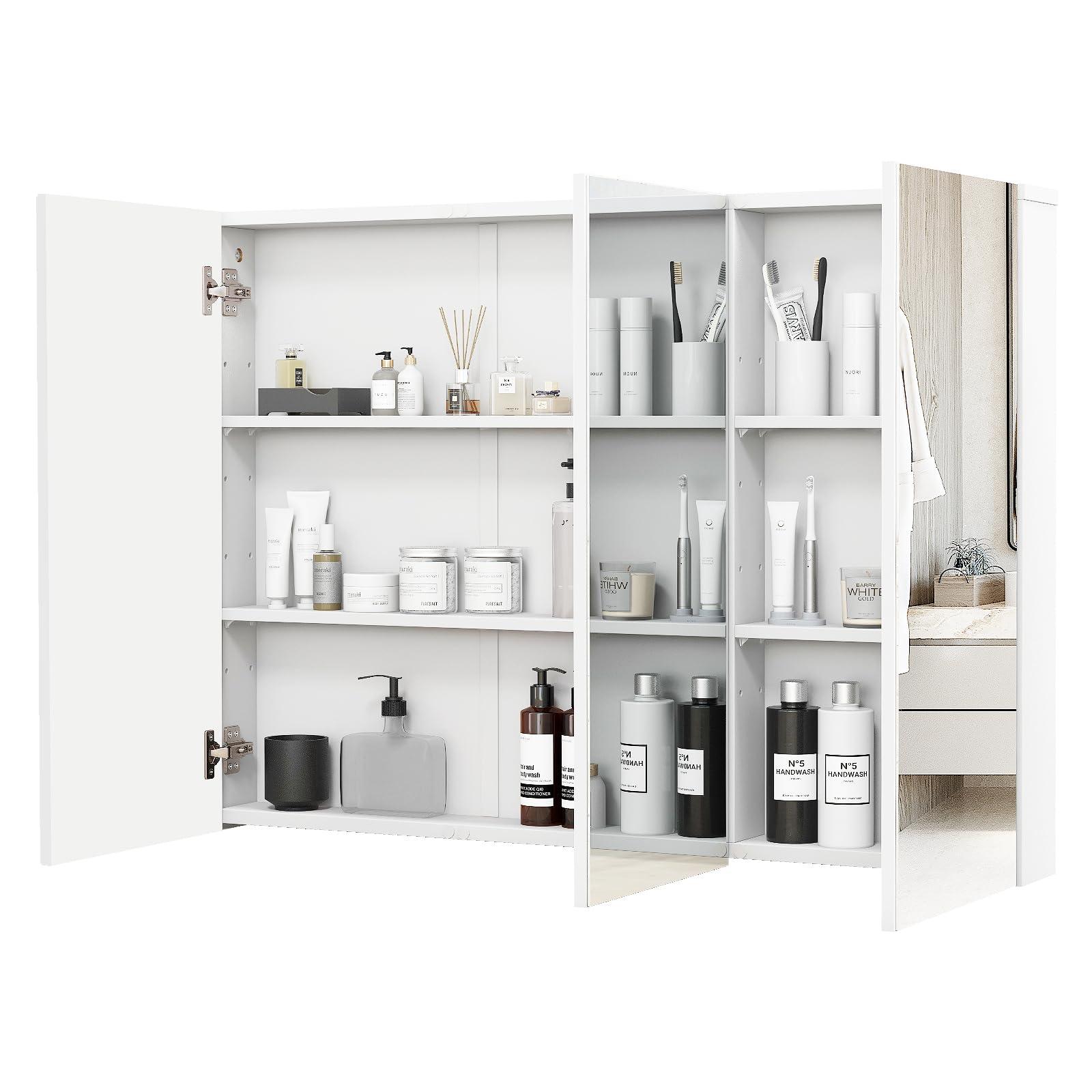 LOKO LOKO Large Bathroom Medicine Cabinet with Mirror, Wall Mounted Bathroom Cabinet with 3 Mirrored Doors & Adjustable Shelves, Triple Mirror Door Bathroom Wall Cabinet, 36 x 4.5 x 25.5 Inches