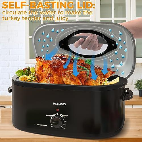 Kiss the Water 24 Quart Electric Roaster Oven with Visible & Self-Basting Lid, Large Turkey Roaster with Defrost Warm Function, Adjustable Temperature, Removable Pan Rack, Stainless Steel