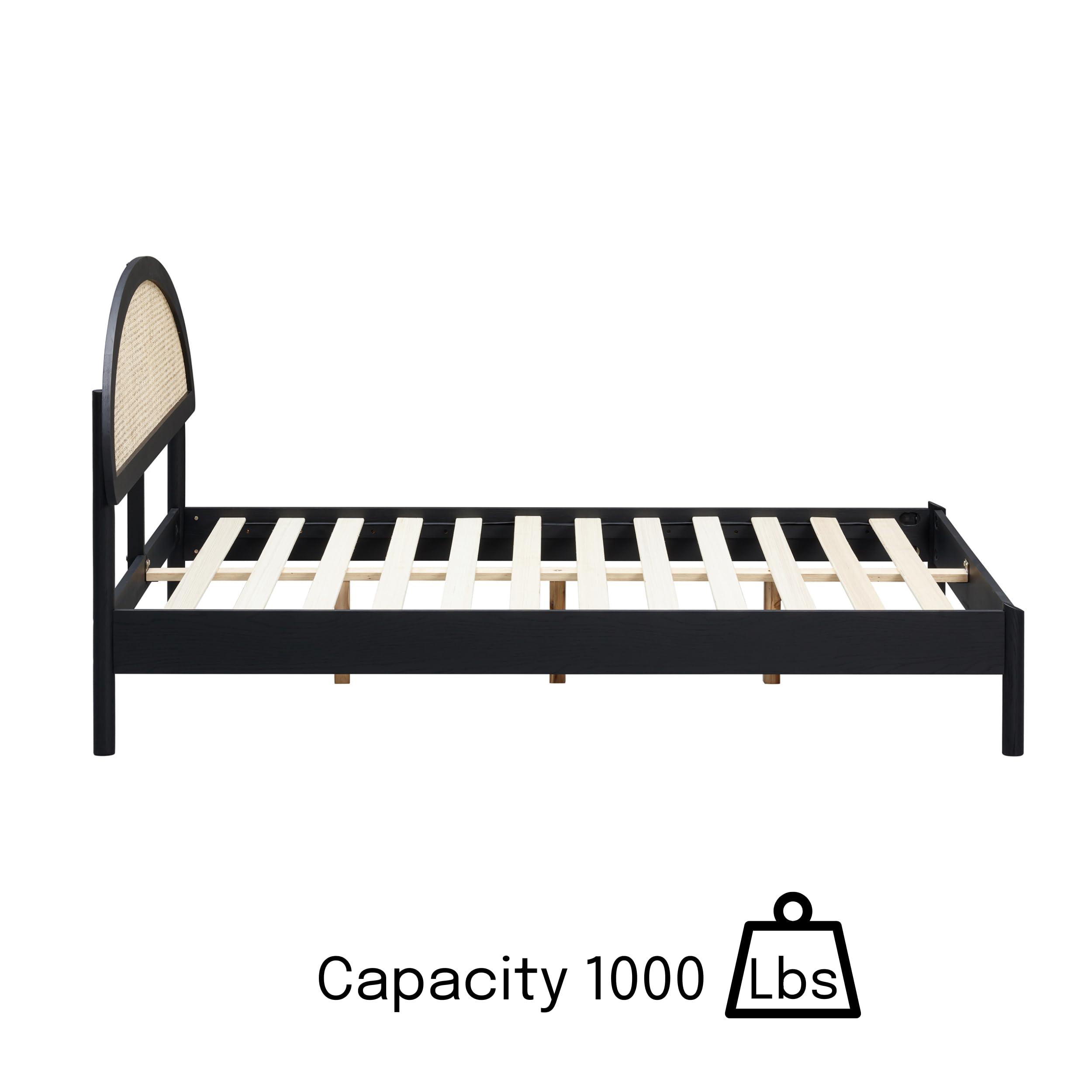 NTC NTC Gem Wooden Bed Frame with Headboard and Natural Rattan, Solid Oak Foundation with Silent Slats, 1000 Lb Capacity, Effortless Assembly, Queen - Burnt Black