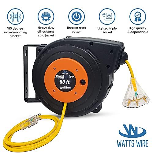 Watt\'s Wire 50 ft - 14 Gauge Retractable Extension Cord Reel - Heavy Duty Cable Reel w/Multi Outlet Lighted Receptacle - Premium Grade 13 Amp Extension Cord Retractable Reel w/Mounting Kit - by Watt\'s Wire