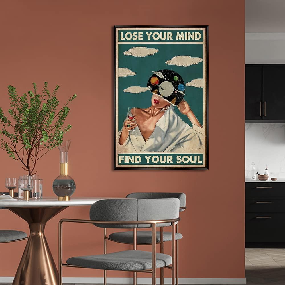 Quark Quark Vintage Lose Your Mind Find Your Soul Poster Mental Health Canvas Wall Art Abstract Aesthetic Music Girl Print Painting Modern Mid-Century Wall Decor for Bed Room Bathroom 12x16in Framed