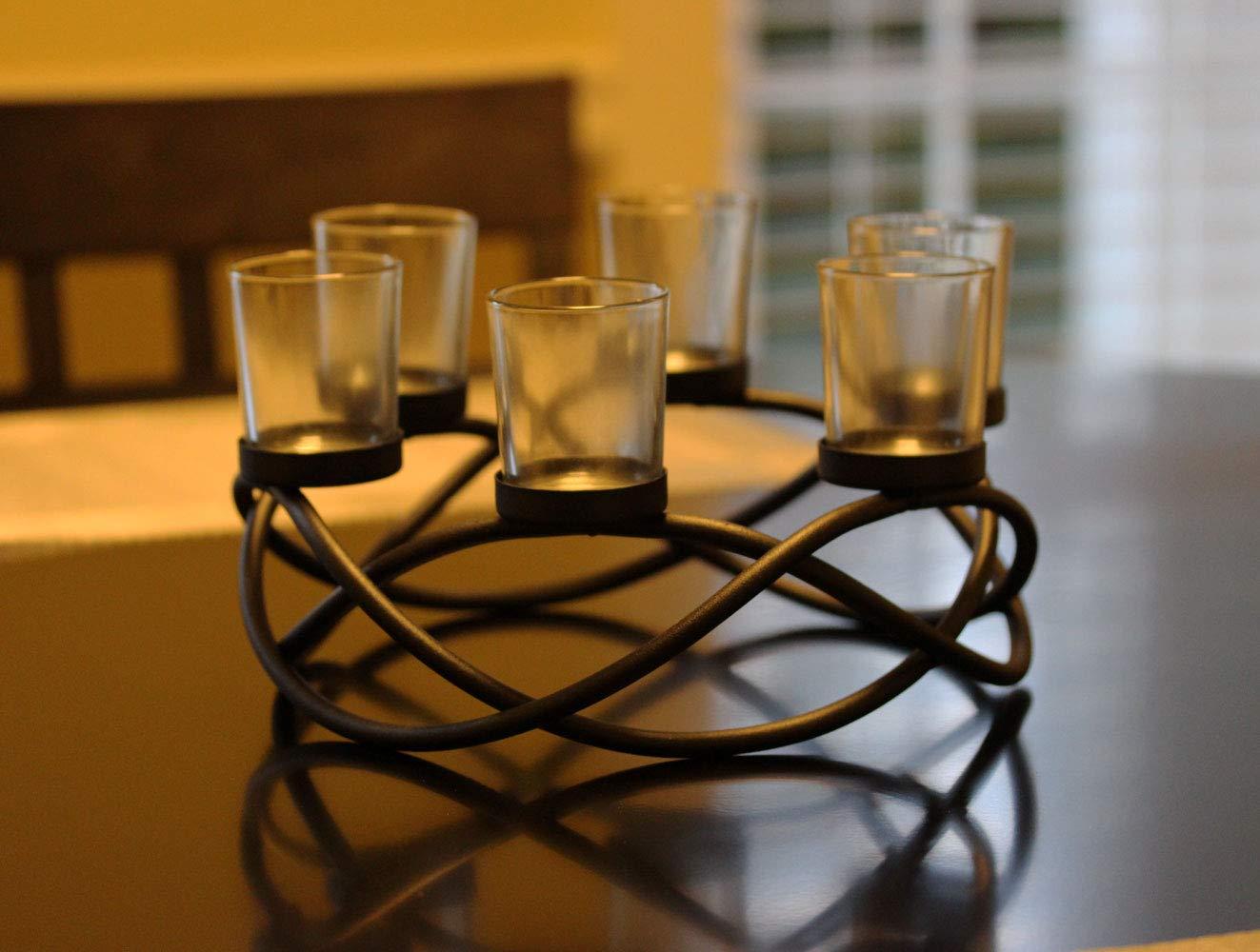 Seraphic Seraphic Iron Round Table Decor Centerpiece Decorations Candle Holder for Weddings, Outdoor Patio, Kitchen, Dining Room, and Coffee Tables, Glass Votive Tealight Holders, Black, 6 Clear Cups