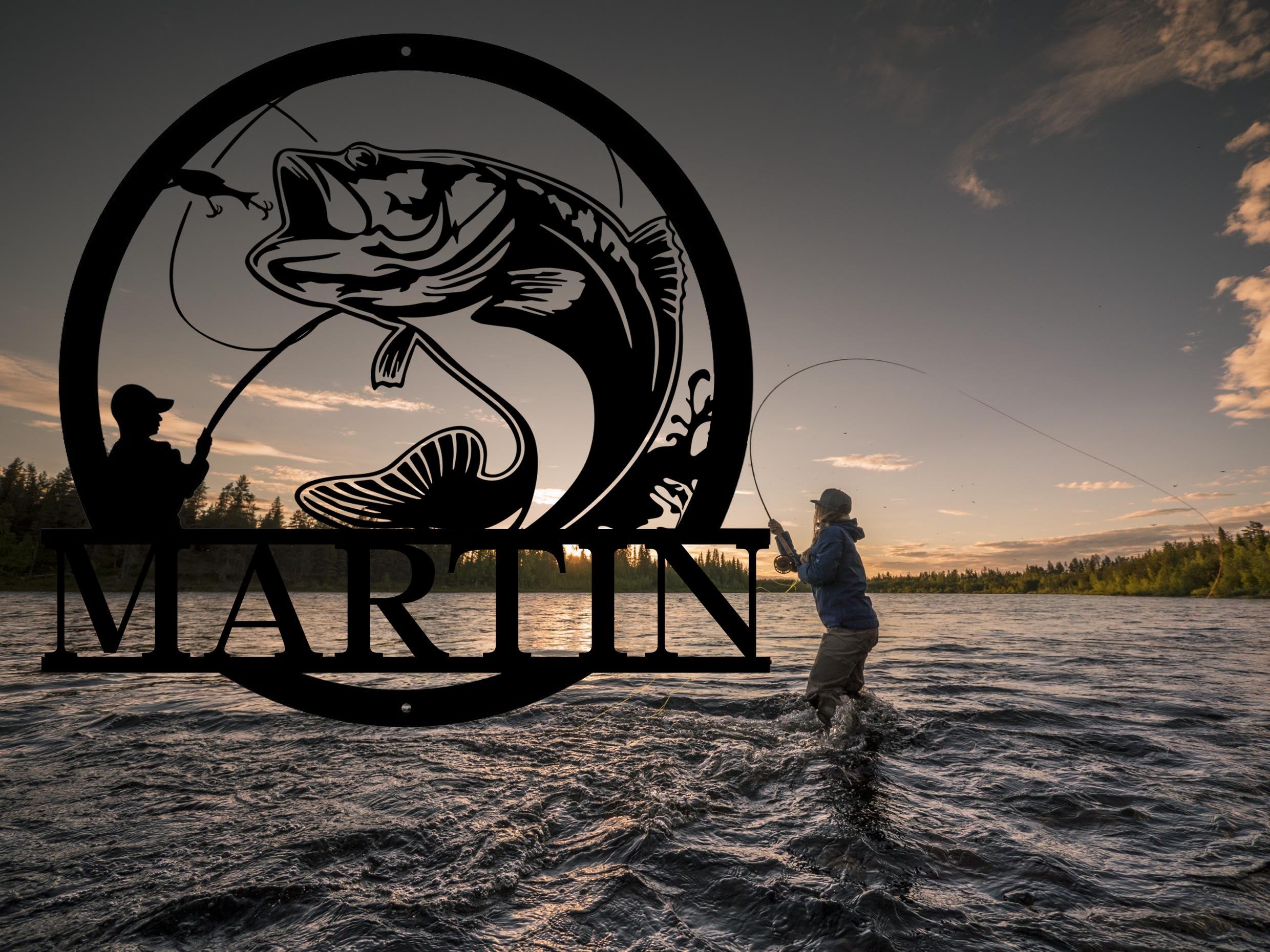 IZI POD Personalized Fish Sign, Fishing Sign, Fishing Metal Art; Metal Fish Sign, Fish Camp Sign, Gift For Fishing Lover, Fisherman Gift, Bass Fishing Metal Monogram