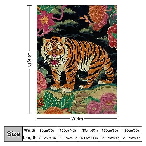 MangGou MangGou Oriental Toile Chinoiserie Flannel Blanket Animal Tiger Stripe Pink Floral Throw Blankets Colorful Flower Animal Print Tiger Throw Blanket for Bed Home Decoraive Warm Blankets 40x50in