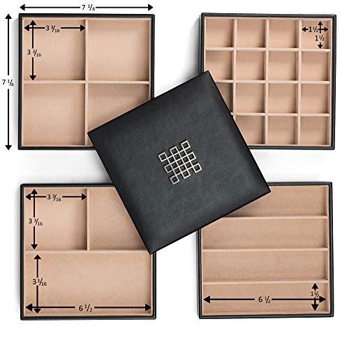 Glenor Co Glenor Co Jewelry Organizer Tray - 4 Stackable Trays & Lid with Mirror - 27 Slot Storage for Drawer, Dresser - Black