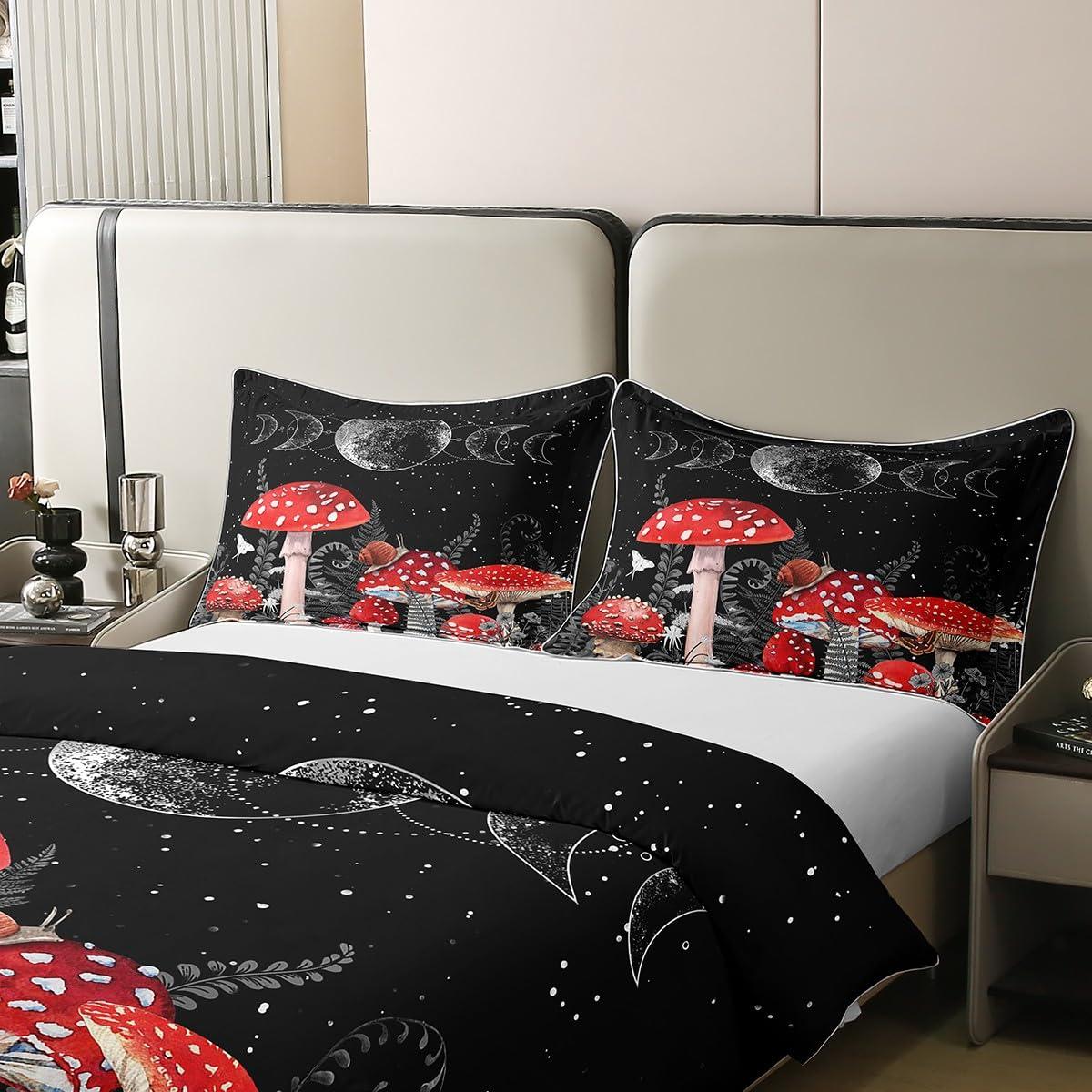 Castle Fairy King Size 3 Pcs Red Mushroom Duvet Cover 100% Cotton Sun Moon Exotic Starry Galaxy Bedding Set for Kids Teens Adults Wild Botanical Burgundy Plants Comforter Cover with 2 Pillowcases(No Comforter)